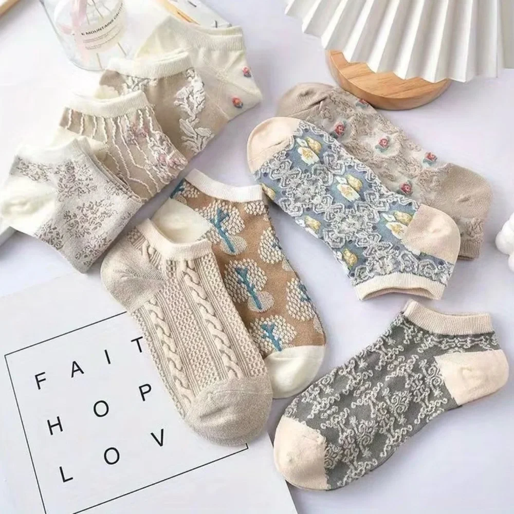 New  9 Pairs of Women'S Summer Embroidered Flower Crew Socks Breathable Hosiery